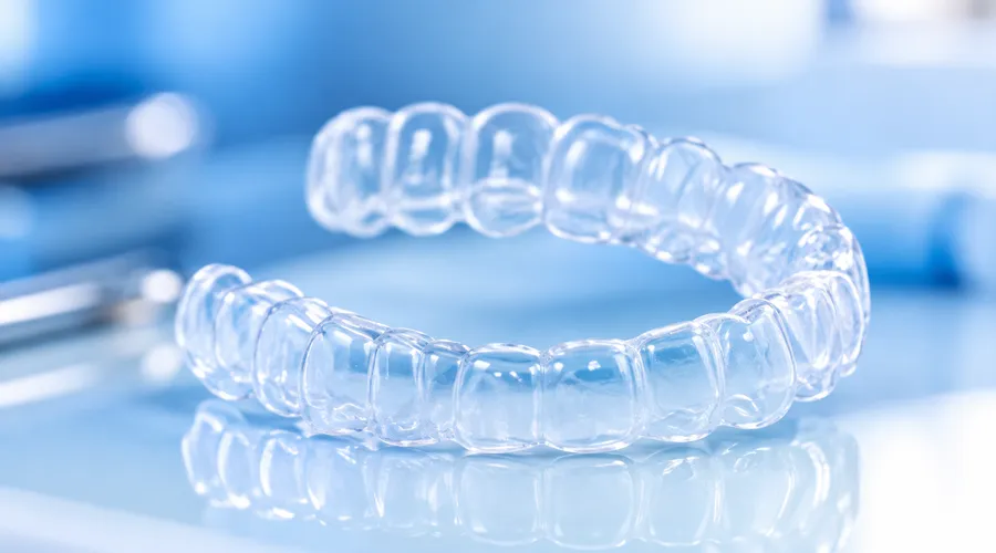 A clear orthodontic aligner held by hand