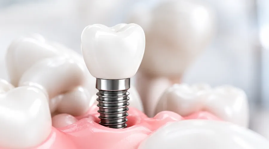 Dental implant model showing an implant-supported tooth